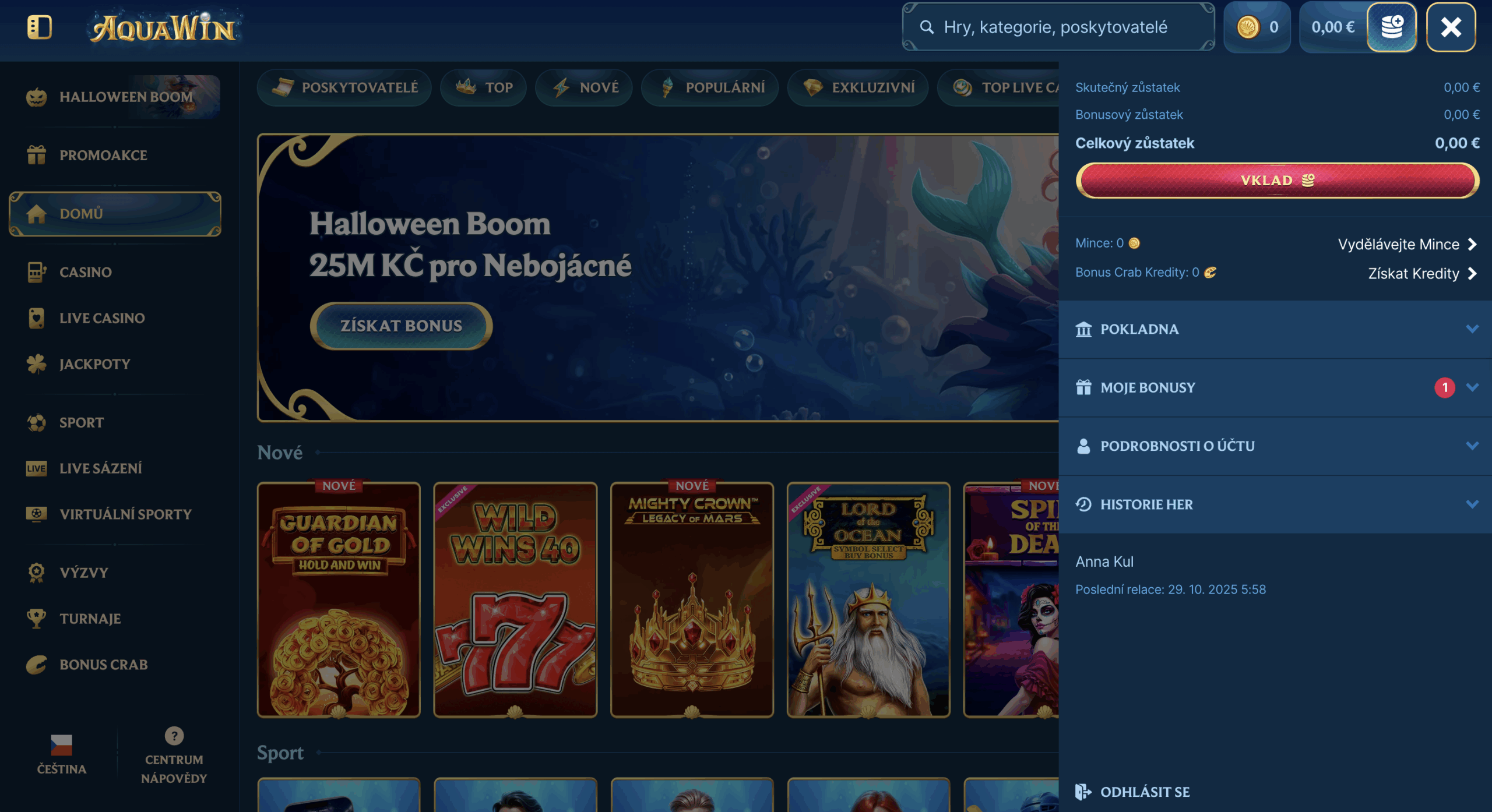 Přihlášení do kasina AquaWin